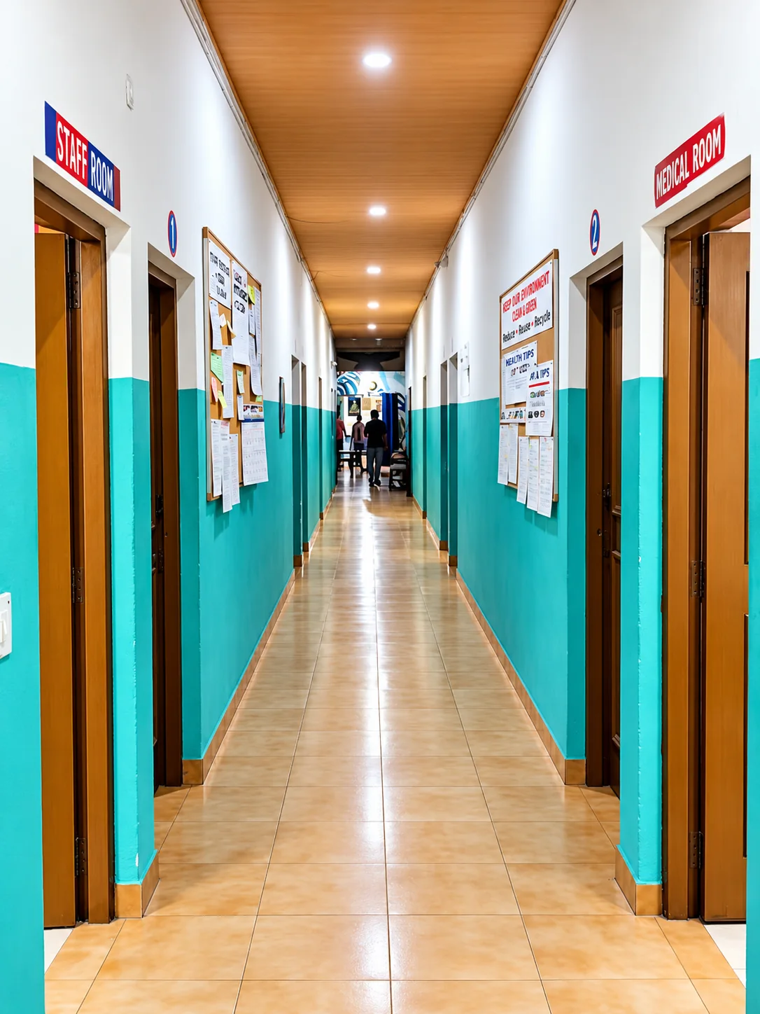 Bright interior corridor with staff room and medical room doors