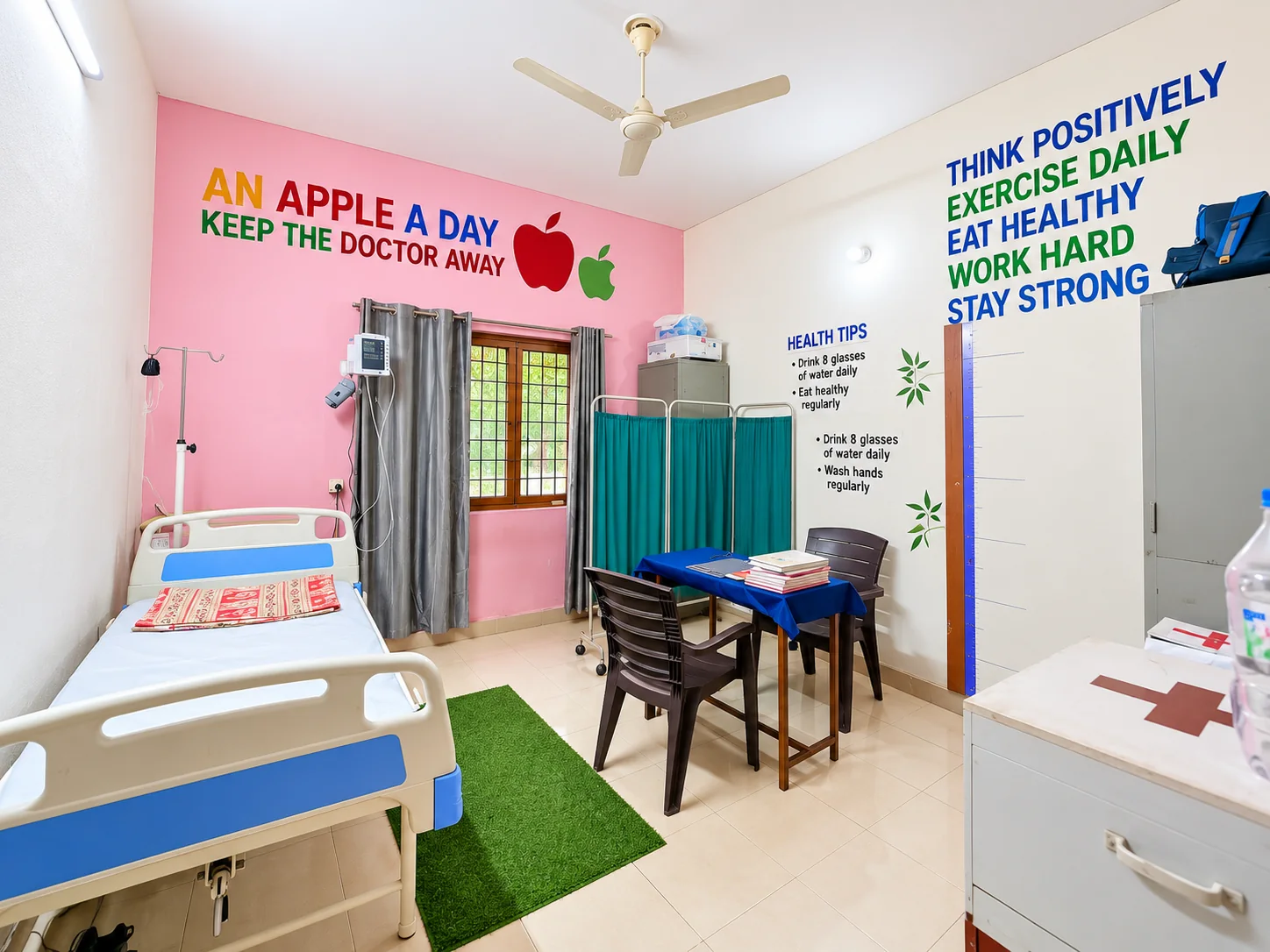Medical room at the centre with examination bed and screen